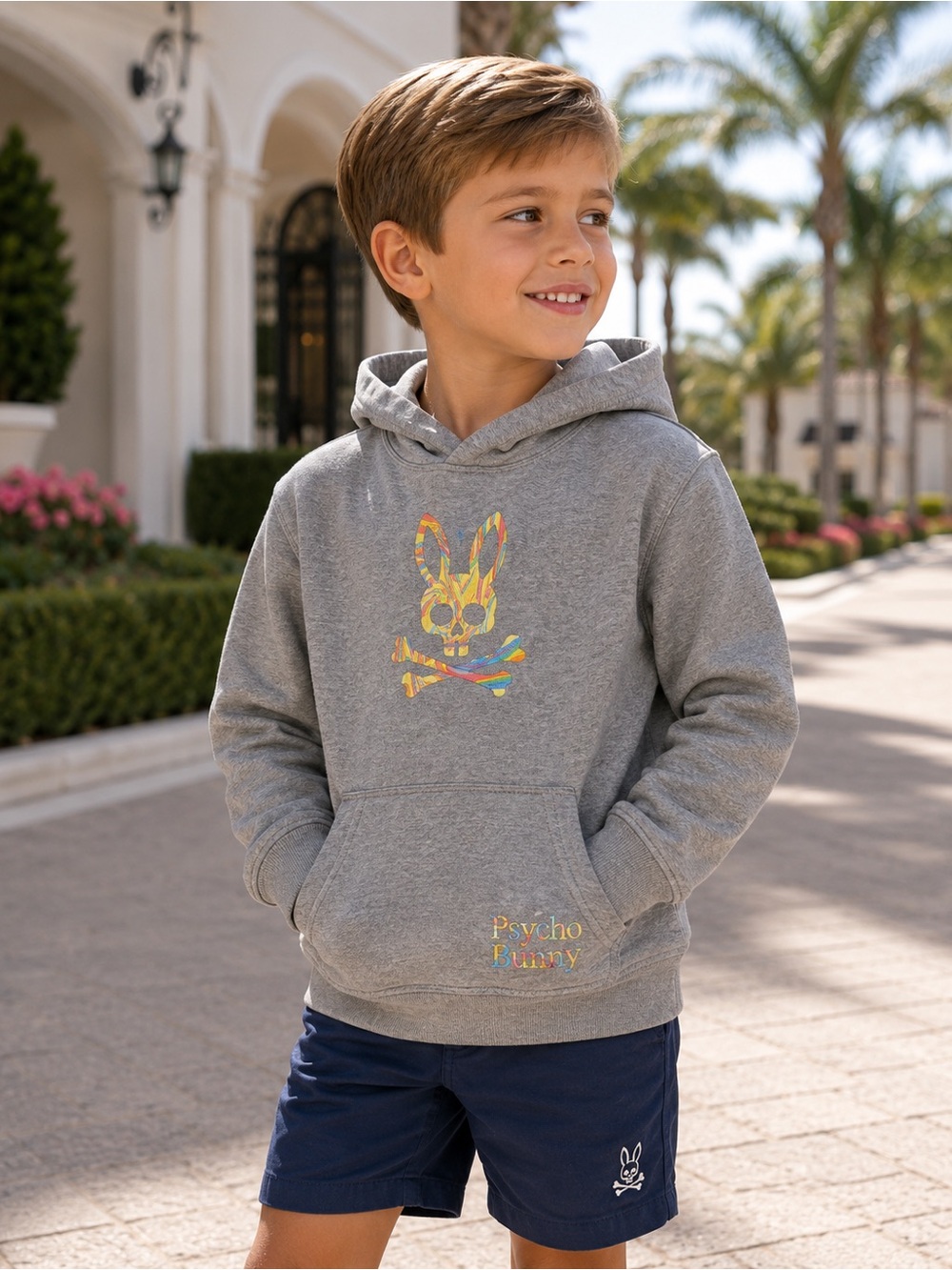 PSYCHO BUNNY Grey Kids Hoodie with Multicolor Logo 6/7